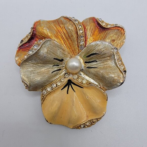 Vintage Orange Flower Floral Brooch Pin Pansy Rhinestones FLAW - Picture 1 of 4